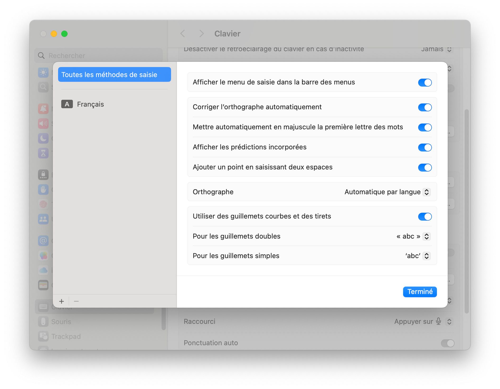 Screenshot 2/4 des paramètres macOS pour changer sa disposition de clavier