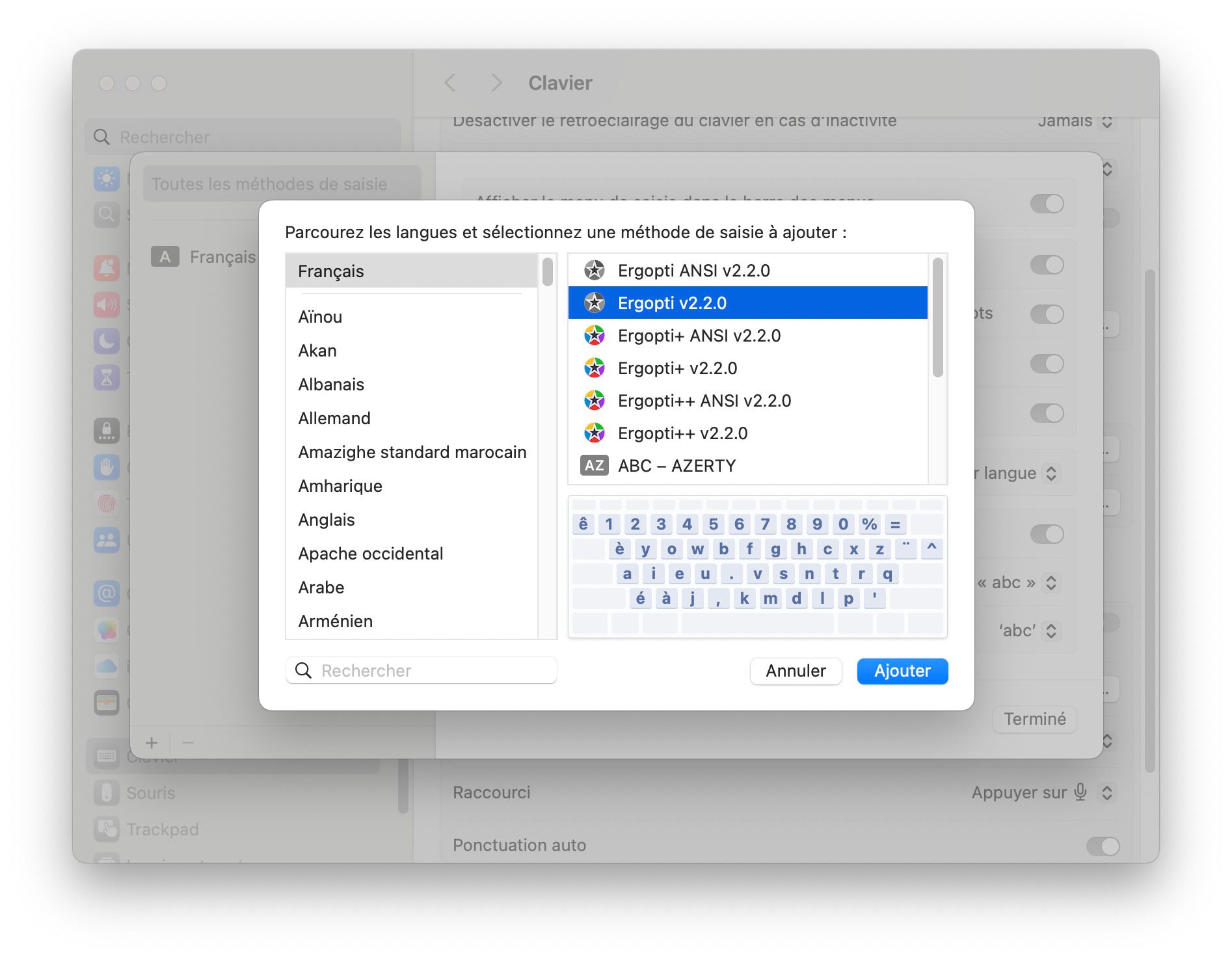 Screenshot 3/4 des paramètres macOS pour changer sa disposition de clavier