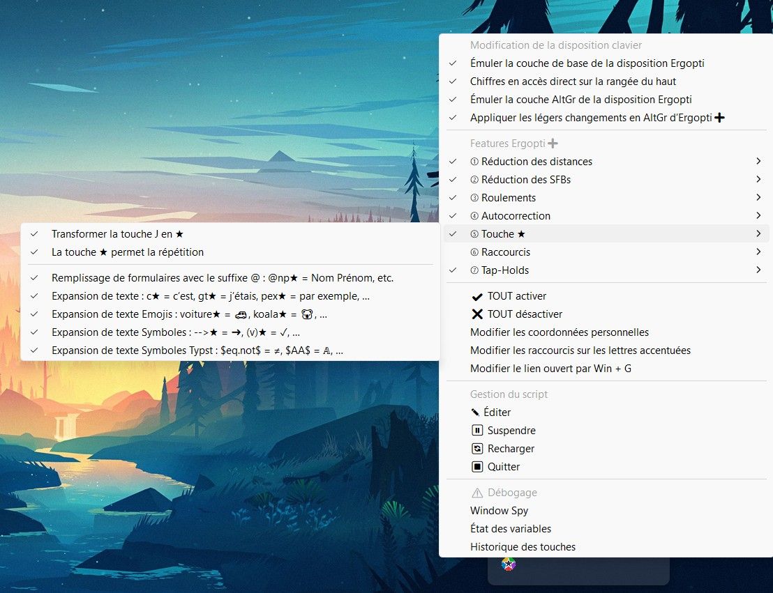 Screenshot du menu du script Ergopti+