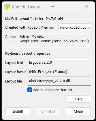 Screenshot d’installation du pilote KbdEdit