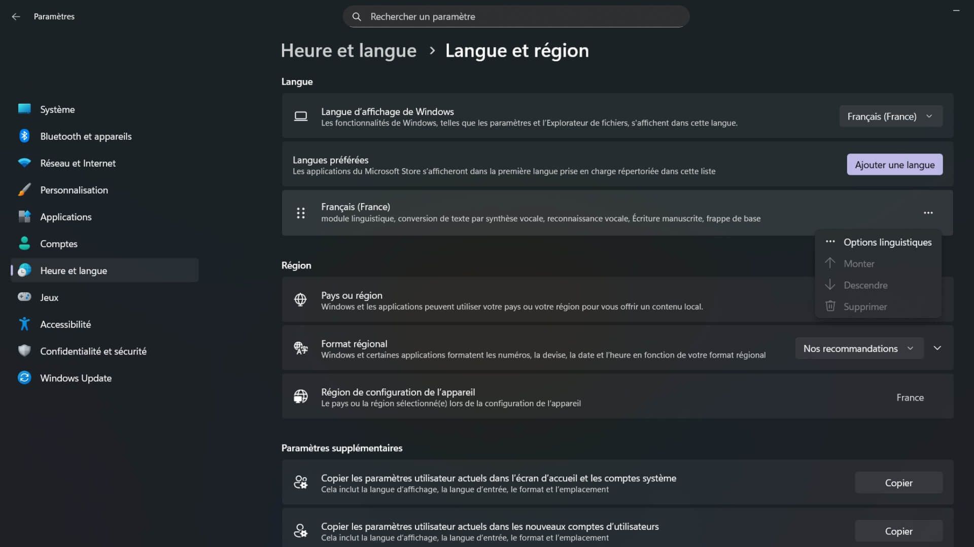 Screenshot 1/2 des paramètres Windows 11 pour changer sa disposition de clavier