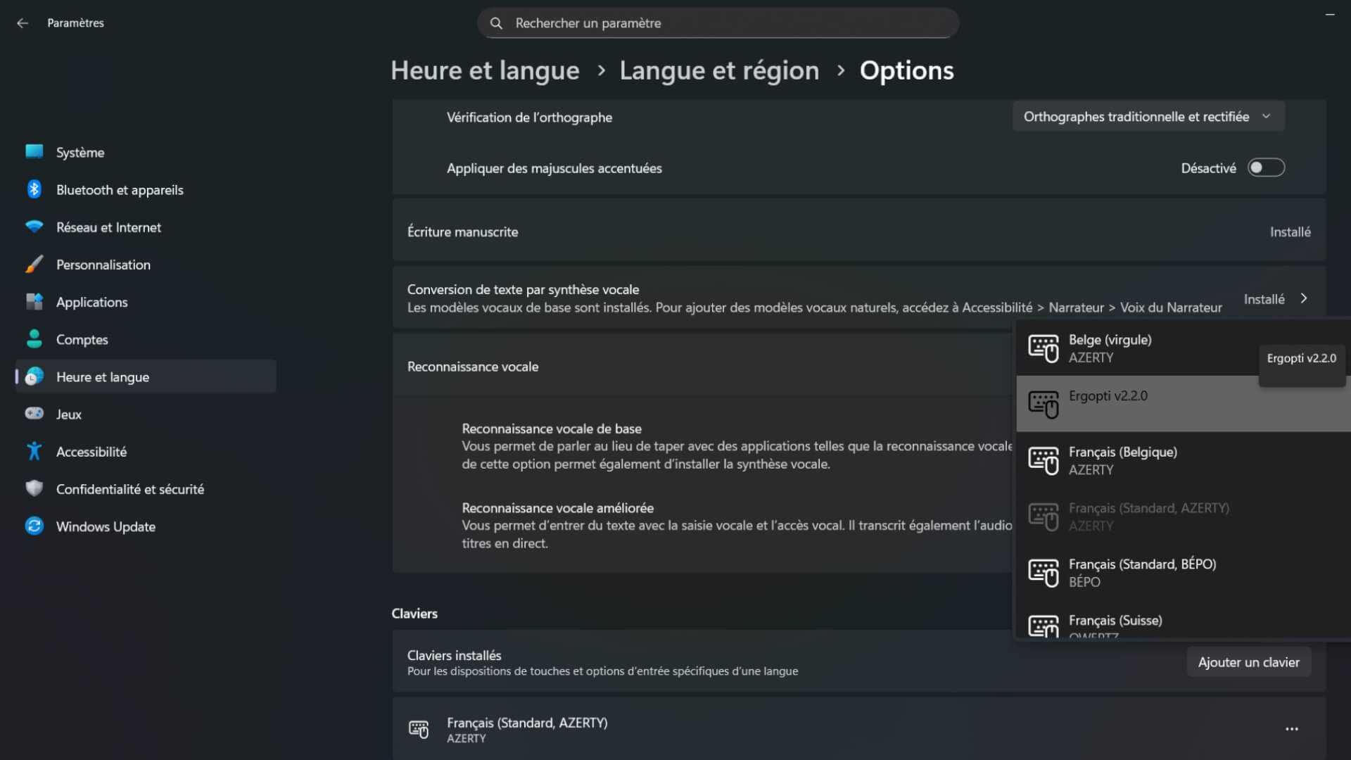 Screenshot 2/2 des paramètres Windows 11 pour changer sa disposition de clavier